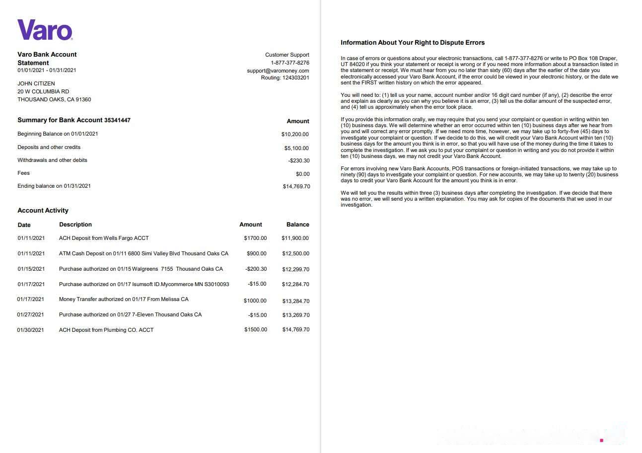 USA California Varo bank statement template in Word and PDF format, 2 pages download template file