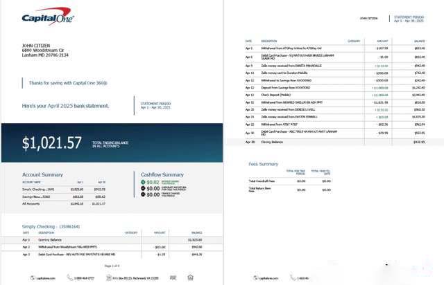 USA Capital One statement account Word and PDF template, 2 pages download template file