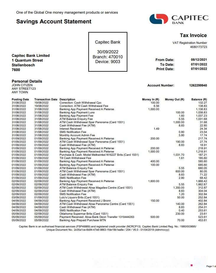 USA Capitec Bank Statement download template file