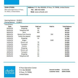 USA Charles Schwab & Co bank proof of address statement template in Word and PDF format download template file