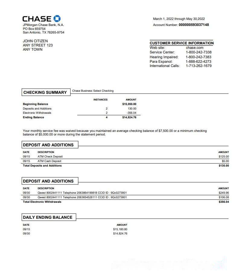 USA Chase bank statement Word and PDF template, version 3 download template file
