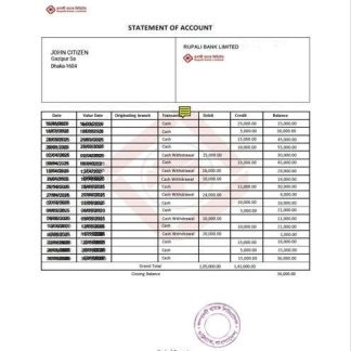 Bangladesh Rupali Bank statement of account Word and PDF template download template file