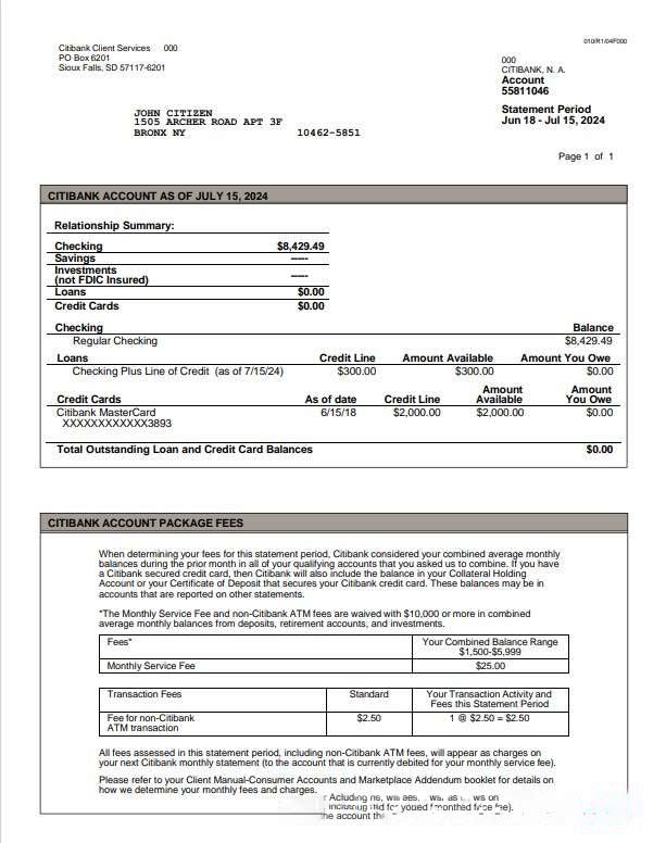 USA Citibank statement Word and PDF example, version 3 download template file