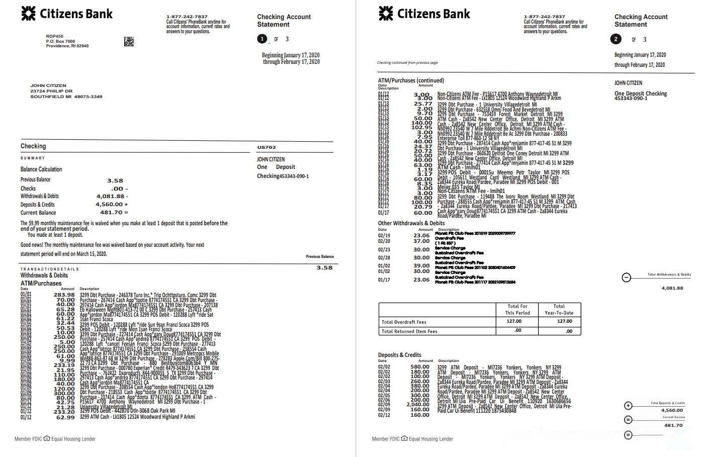 USA Citizens bank statement template in Word and PDF format, (4 pages) good for address prove download template file