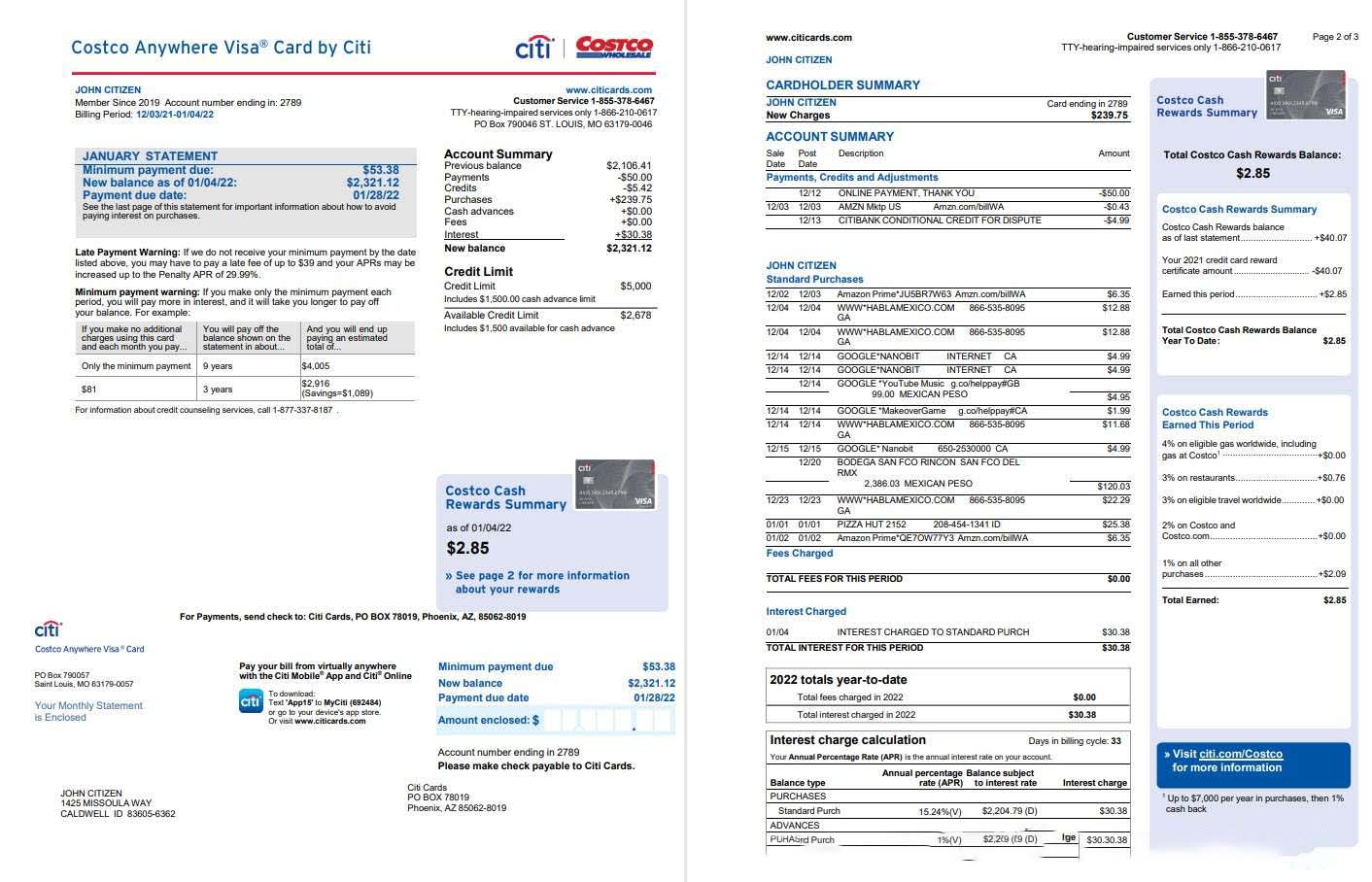 USA Costco Anywhere Visa Card by Citi bank statement 4 pages download template file