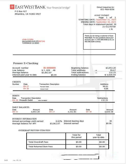 USA East West Bank account statement Word and PDF template download template file