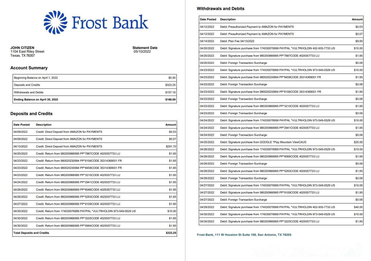 USA Frost bank statement, 2 pages download template file