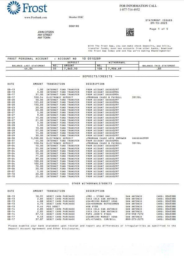 USA Frost Bank statement Word and PDF template download template file