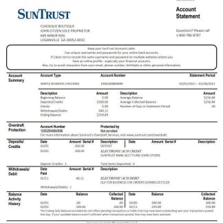 USA Georgia SunTrust bank proof of address statement template in .doc and .pdf format download template file