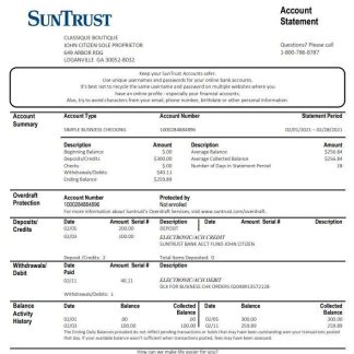 USA Georgia SunTrust bank statement template in Word and PDF format (For Sole Proprietor) download template file
