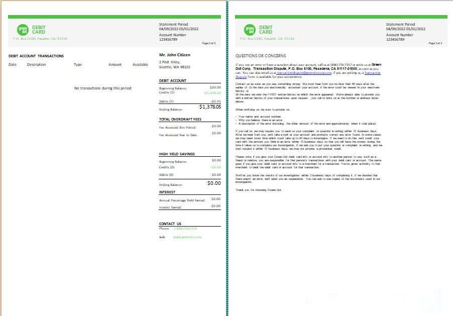 USA Green Dot bank statement Word and PDF template, 3 pages download template file