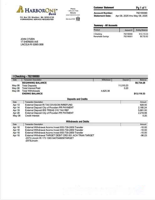 USA HarborOne Bank account statement Word and PDF template download template file