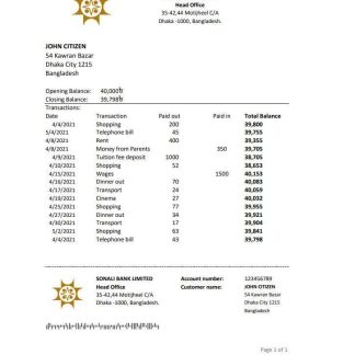 Bangladesh Sonali bank statement easy to fill template in Excel and PDF format download template file