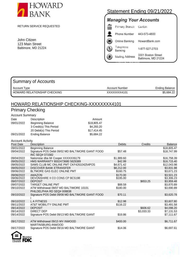 USA Howard bank statement Word and PDF template download template file
