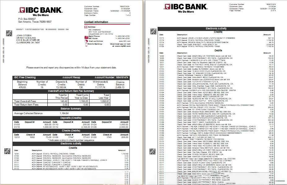USA IBC bank statement Word and PDF template, 4 pages download template file