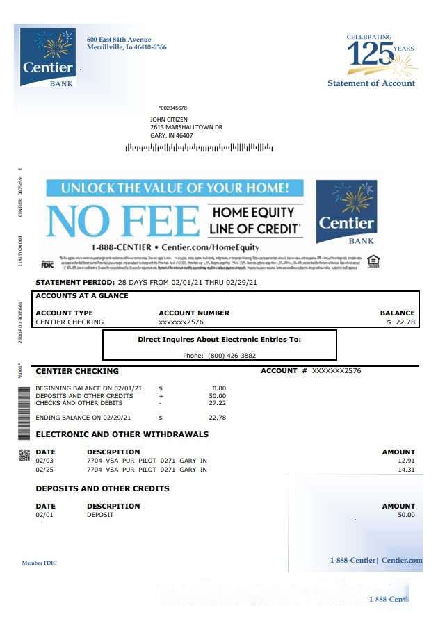 USA Indiana Centier bank word pdf download template file