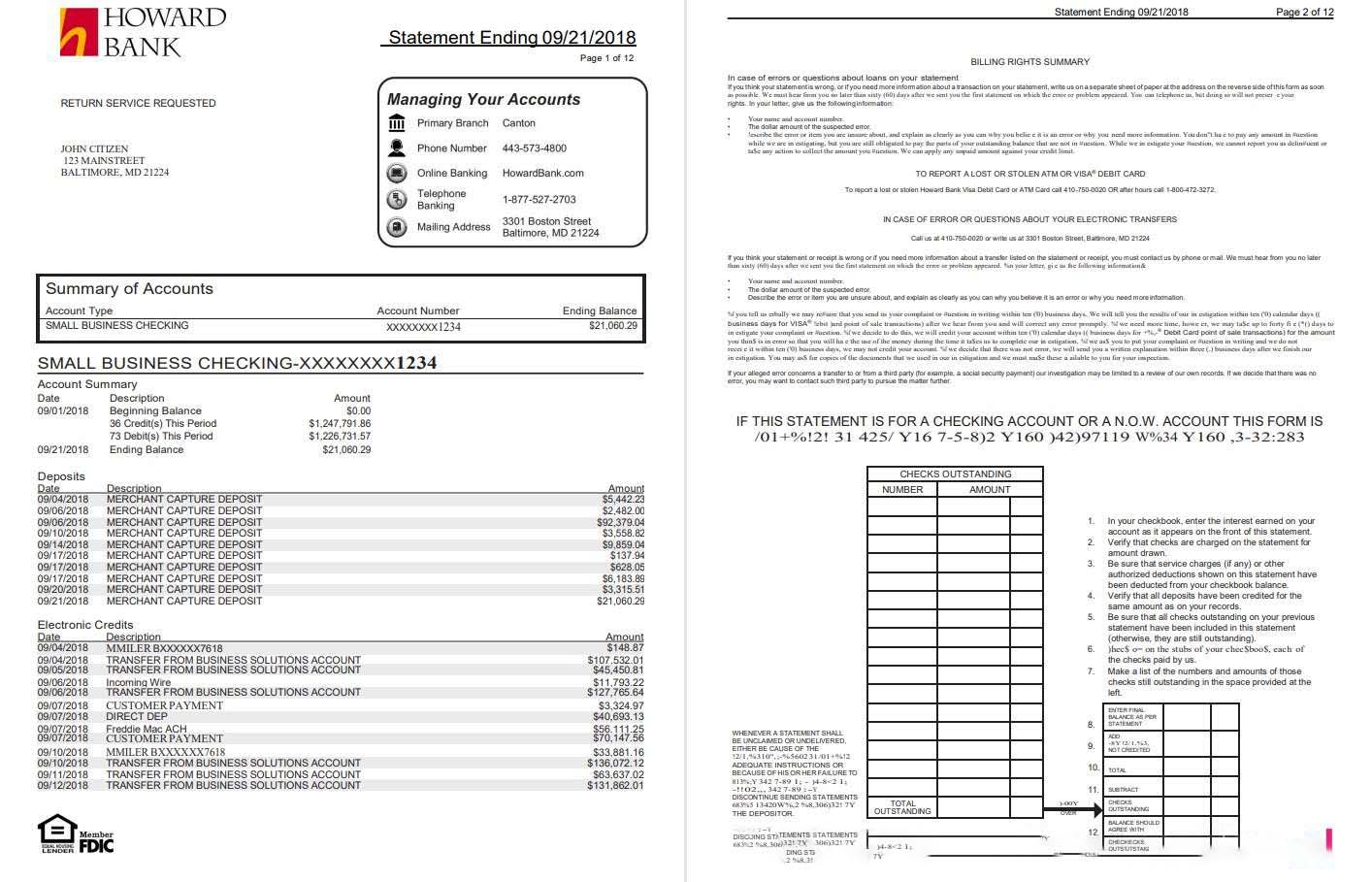 USA Maryland Howard Business bank statement template, Word and PDF format (.doc and .pdf) (4 pages) download template file