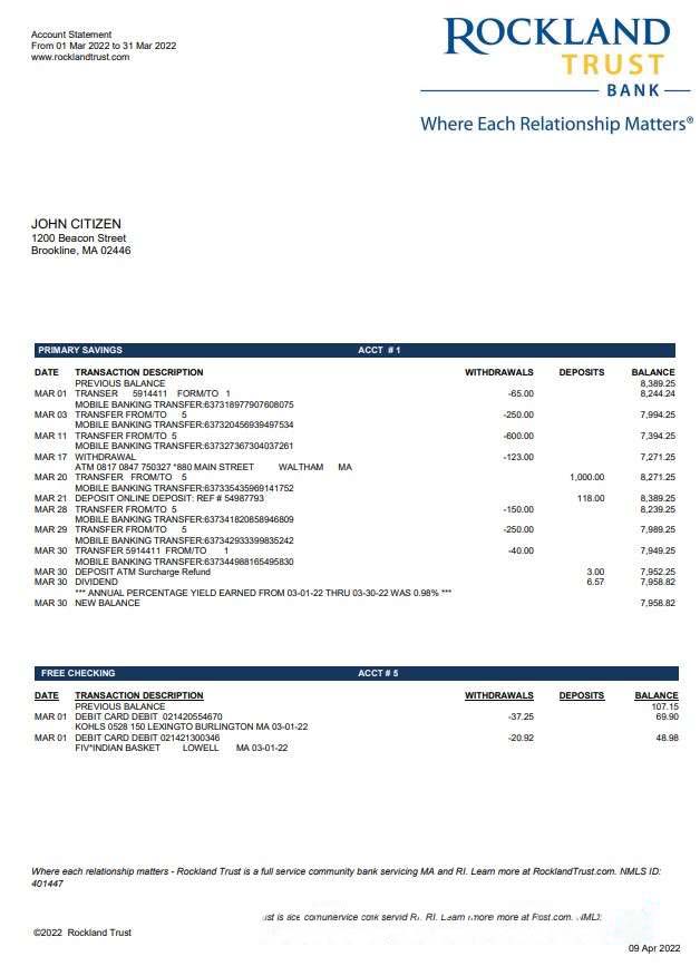 USA Massachusets Rockland Trust bank statement download template file