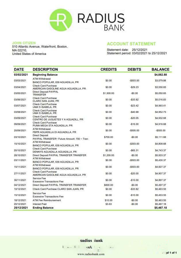 USA Massachusetts Radius Bank word pdf download template file