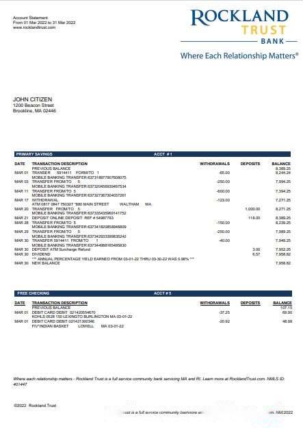 USA Massachusetts Rockland Trust bank statement Word and PDF template download template file