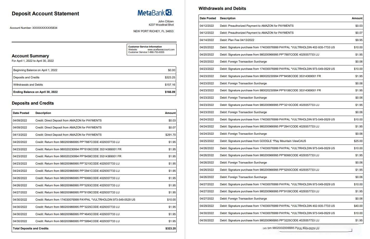 USA Metabank deposit account statement 3 pages download template file