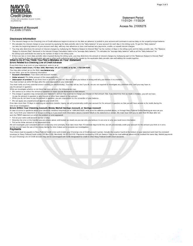 USA Navy Federal bank statement, 3 pages 2 download template file