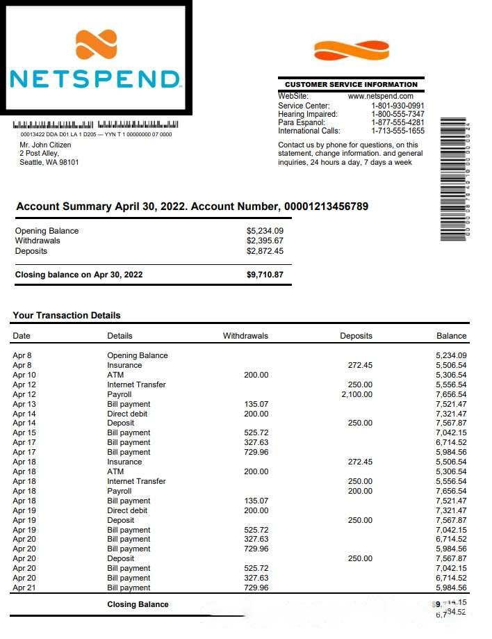 USA Netspend bank statement download template file