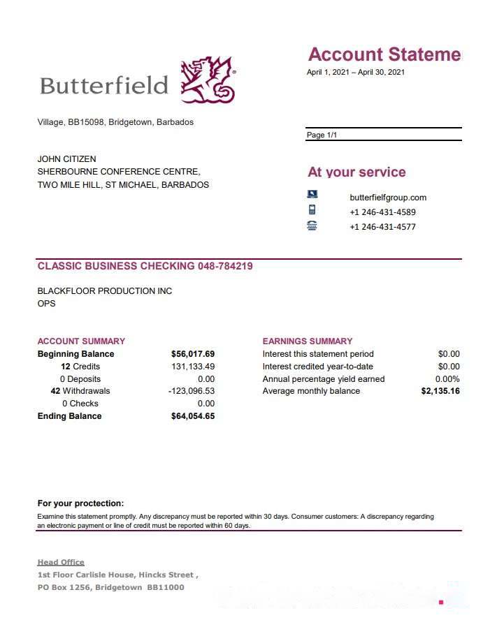 Barbados Butterfield bank statement easy to fill template in .xls and .pdf file format download template file
