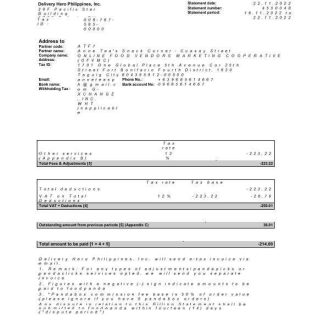 USA New York Foodpanda billing statement Word and PDF template, 4 pages download template file