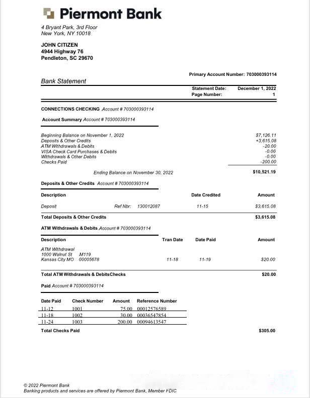 USA New York Piermont bank statement Word and PDF template download template file