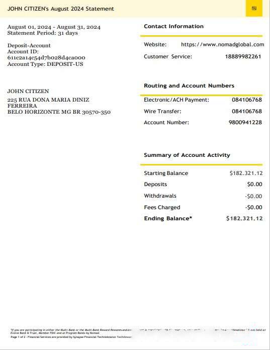USA Nomad Global bank statement 3 ?C 6 months Word and PDF example download template file