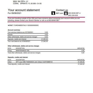 USA North Carolina BB&T Corp. bank account statement template in Word and PDF format download template file