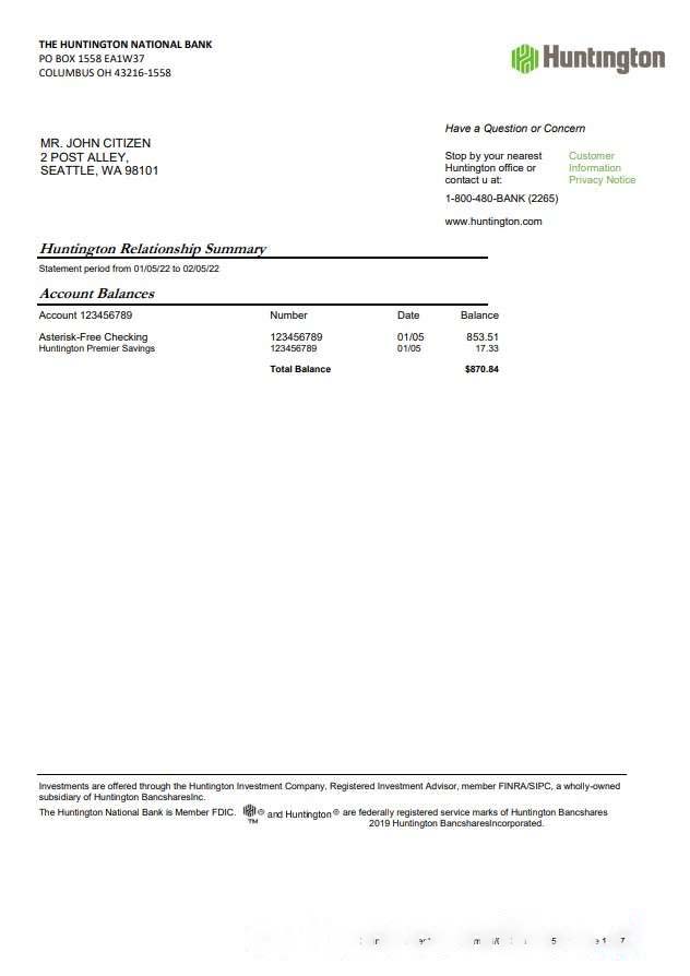 USA Ohio Huntington bank statement 7 page download template file