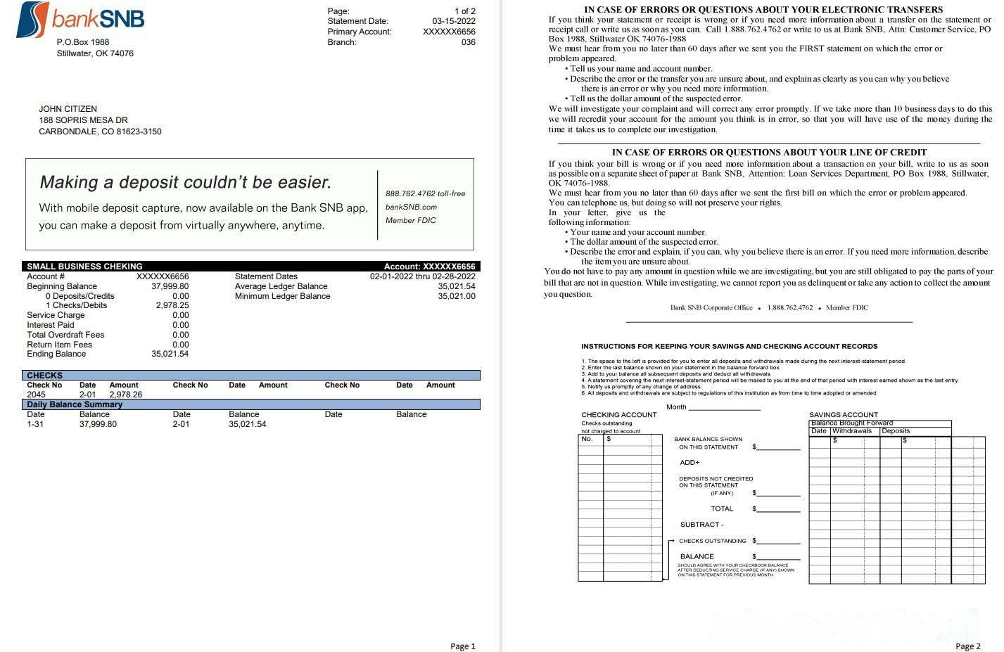 USA Oklahoma SNB bank statement 2 pages download template file