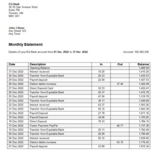USA Ontario Equitable Bank statement Word and PDF template download template file