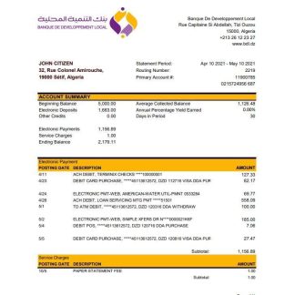 Algeria Banque De Developpement Local Bank Statement xls download template file