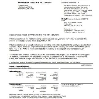 USA PNC bank proof of address statement template in Word and PDF format download template file