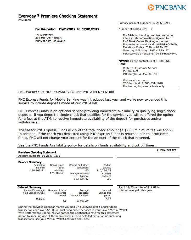 USA PNC bank proof of address statement template in Word and PDF format download template file