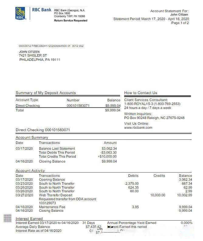 USA RBC bank statement Word and PDF template, version 2 download template file