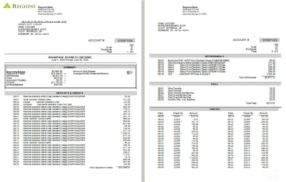 USA Regions bank statement Word and PDF template, 3 pages, version 2 download template file
