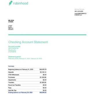 USA Robinhood Banking account statement Word and PDF template download template file