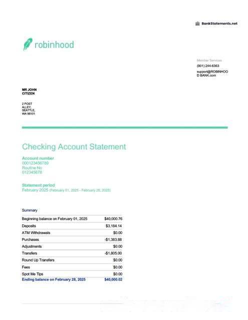 USA Robinhood Banking account statement Word and PDF template download template file