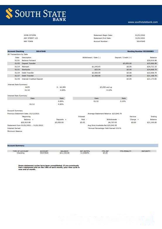 USA South State Bank statement Word and PDF template download template file