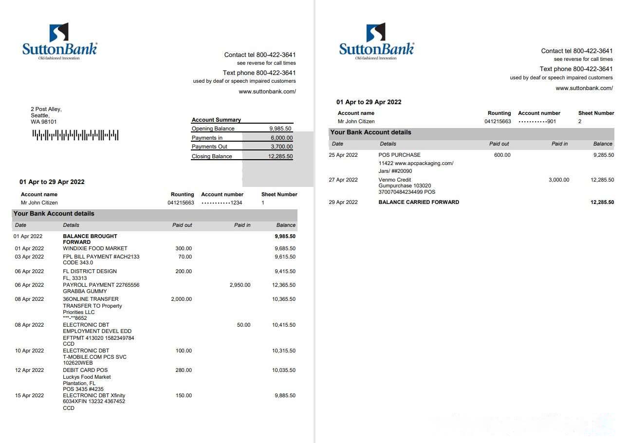 USA Sutton Bank Statement 2 pages download template file