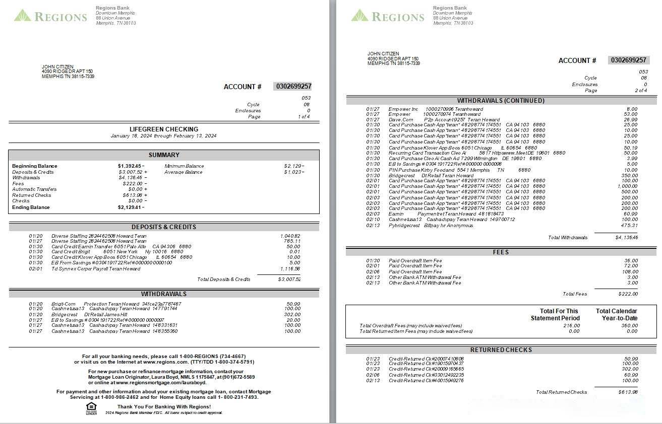 USA Tennesse Regions bank statement, 4 pages, version 2 scr download template file