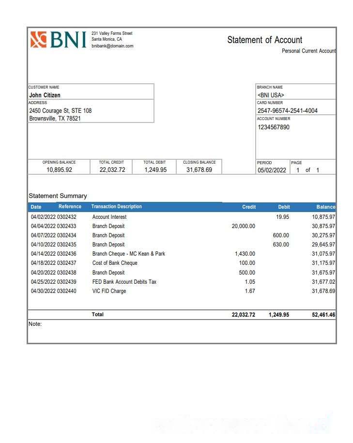 USA Texas BNI bank account statement download template file