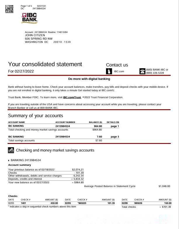 USA Texas IBC bank statement Word and PDF template, 5 pages download template file