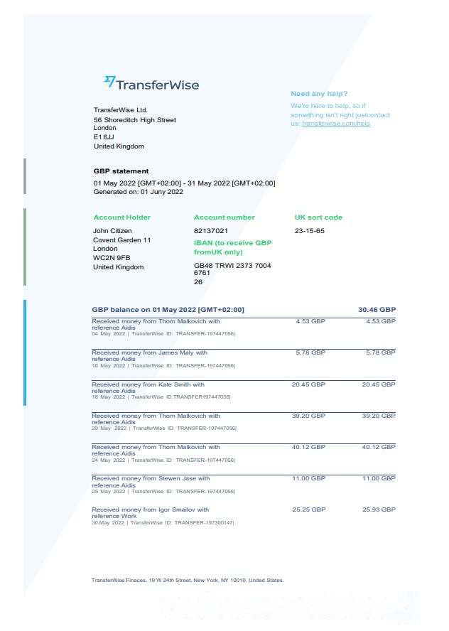 USA TransferWise Finances statement download template file