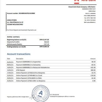 Belarus Alfa bank statement template in Word and PDF format download template file