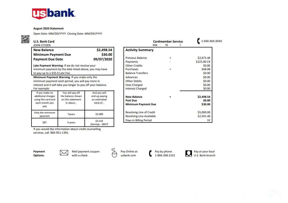 USA U.S. bank credit card statement template in .doc and .pdf format download template file